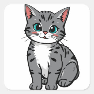 かわいいグレー+タビー猫ステッカー - 愛らしいキャラクターキット スクエアシール