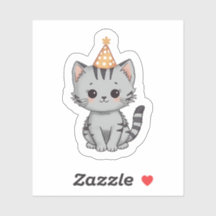 かわいいグレー+タビー+子猫の誕生日パーティーステッカー