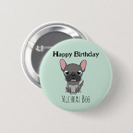 かわいいグレー パグ 誕生日 名前入り ブルー 缶バッジ