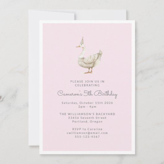 かわいいグースウォーター色ピンク5th誕生日パーティー 招待状 (正面)