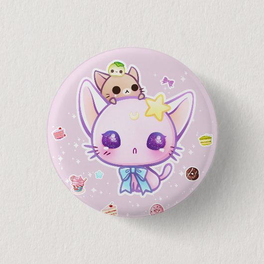 かわいいケーキが付いているかわいいの星の子猫 缶バッジ (正面)