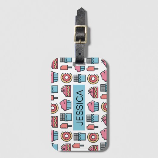かわいいケーキとデザートのパターパーソナライズされたン ラゲッジタグ (正面縦)