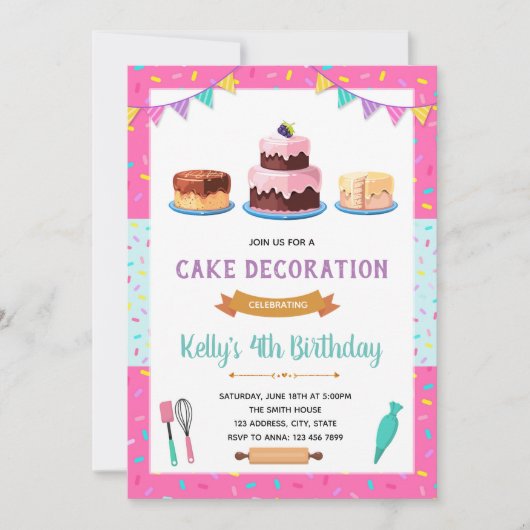 かわいいケーキデコレーションのパーティー招待状 招待状 (正面)