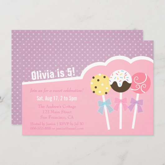 かわいいケーキポップズガールズバースデーパーティー招待状 招待状 (正面/裏面)