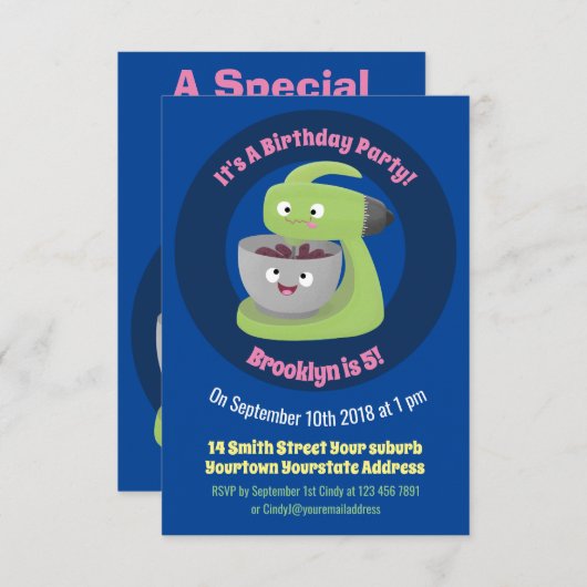 かわいいケーキミキサーのキッチンアニメ 招待状 (正面/裏面)