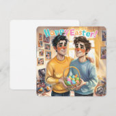 かわいいゲイカップルのイースターバスケットを保持 シーズンカード (正面/裏面)