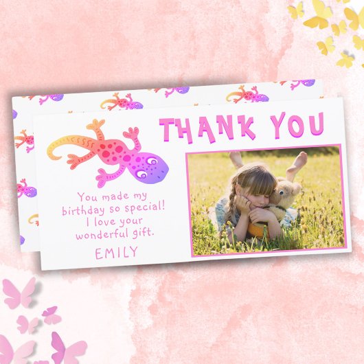 かわいいゲコリザード ピンク ガーリー 誕生日 フォト サンキューカード