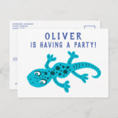 かわいいゲコ リザード ブルー 子供の誕生日パーティー インビテーションポストカード (正面/裏面)