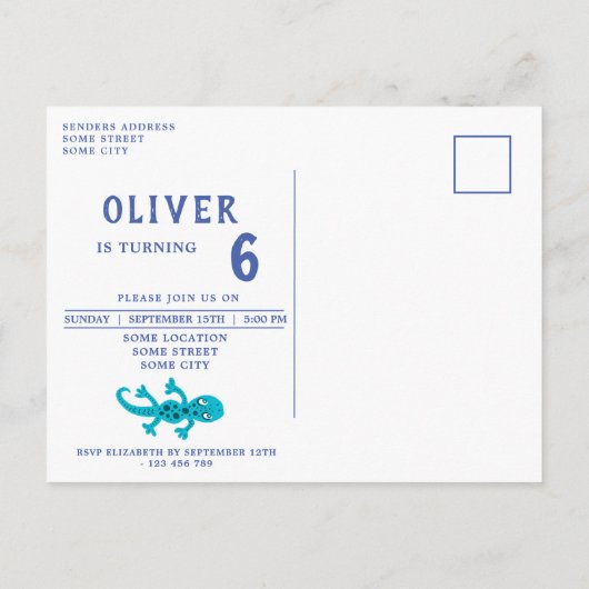 かわいいゲコ リザード ブルー 子供の誕生日パーティー インビテーションポストカード (裏面)