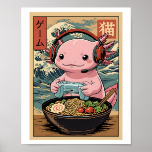 かわいいゲーマーウーパールーパー ラーメン 日本のゲーミングフードアート ポスター