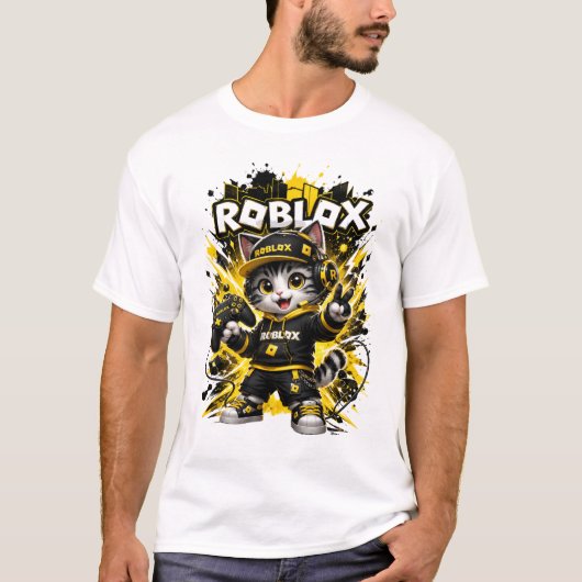 かわいいゲーマー猫のTシャツ - 黒と黄色の子猫のゲーム Tシャツ (正面)