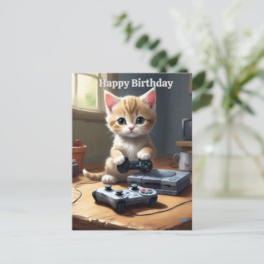 かわいいゲーミング子猫、誕生日ポストカード ポストカード (スタンド正面)