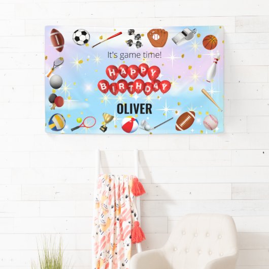 かわいいゲームタイムスポーツボール子供の誕生日へようこそ 横断幕 (インサイチュ)