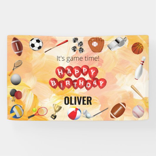 かわいいゲームタイムスポーツボール子供の誕生日へようこそ 横断幕 (横)