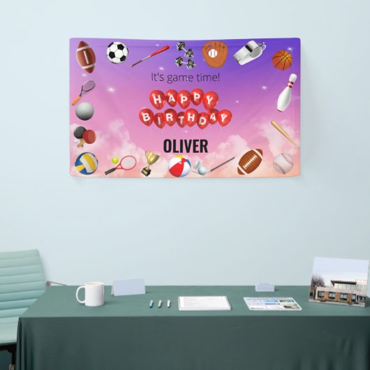 かわいいゲームタイムスポーツボール子供の誕生日へようこそ 横断幕 (トレードショー)