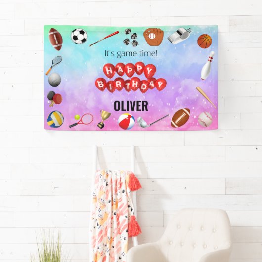 かわいいゲームタイムスポーツボール子供の誕生日へようこそ 横断幕 (インサイチュ)