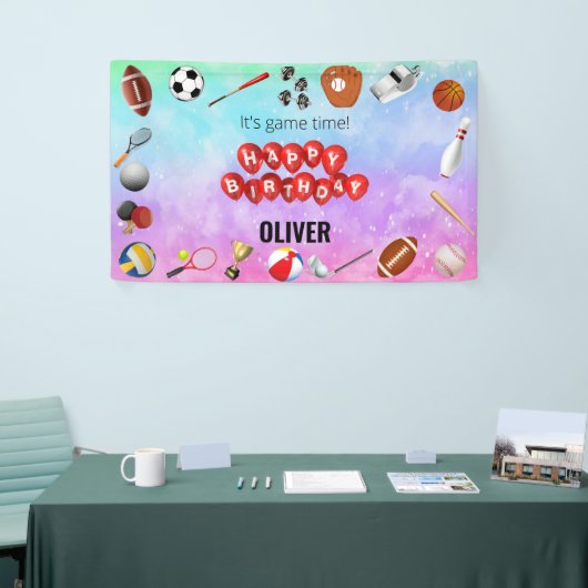 かわいいゲームタイムスポーツボール子供の誕生日へようこそ 横断幕 (トレードショー)
