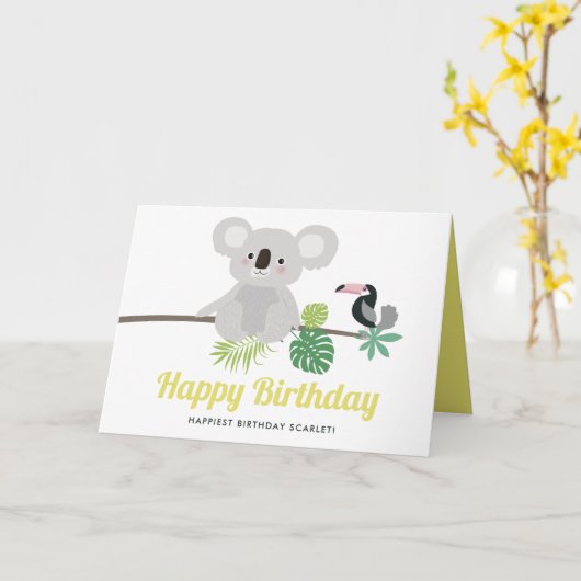 かわいいコアラおよびToucanの熱帯ハッピーバースデー カード (黄色い花)