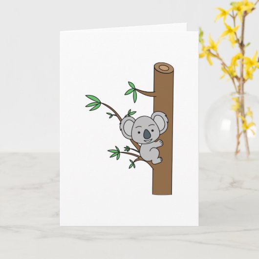 かわいいコアラがユーカリの木を登る カード (黄色い花)