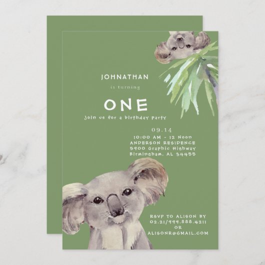 かわいいコアラつるベアウィズウィズ誕生日 招待状 (正面/裏面)