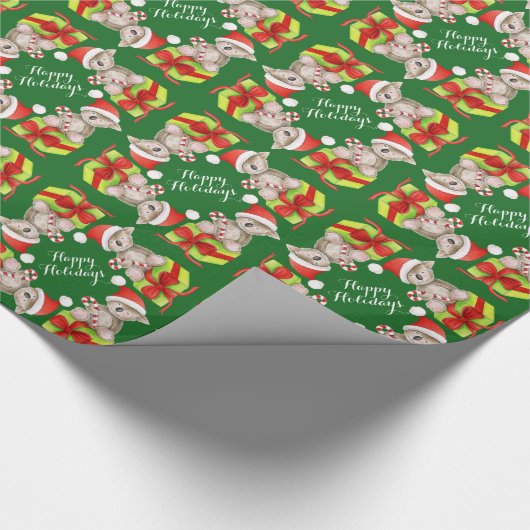 かわいいコアラとギフトアートグリーンハッピーホリデー ラッピングペーパー (角)