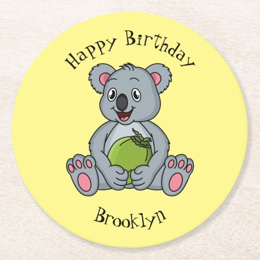 かわいいコアラとココナッツ漫画イラストレーション ラウンドペーパーコースター (正面)