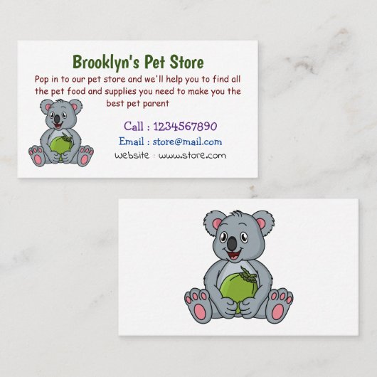 かわいいコアラとココナッツ漫画イラストレーション 名刺 (正面/裏面)