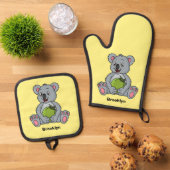 かわいいコアラとココナッツ漫画イラストレーション 鍋つかみ&鍋敷きセット (トップダウン)