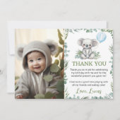 かわいいコアラのグリーン誕生日パーティーの写真 サンキューカード (正面)