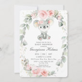 かわいいコアラのピンクの花とセージのグリーンウェディングのベイビーシャワー 招待状 (正面)