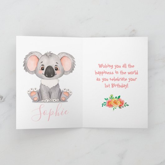 かわいいコアラの女の子の誕生日カード カード (内部)