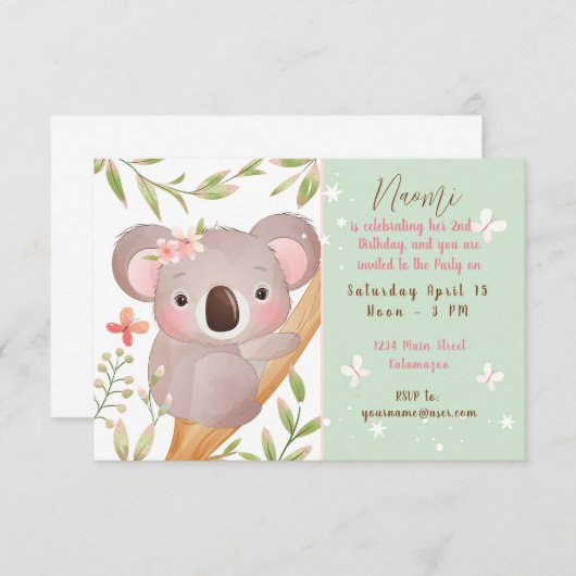 かわいいコアラの子供の誕生日パーティーオーダーメイド 招待状 (正面/裏面)