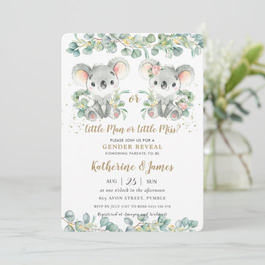 かわいいコアラの緑の性別が赤ちゃんのシャワーを公開  招待状 (スタンド正面)