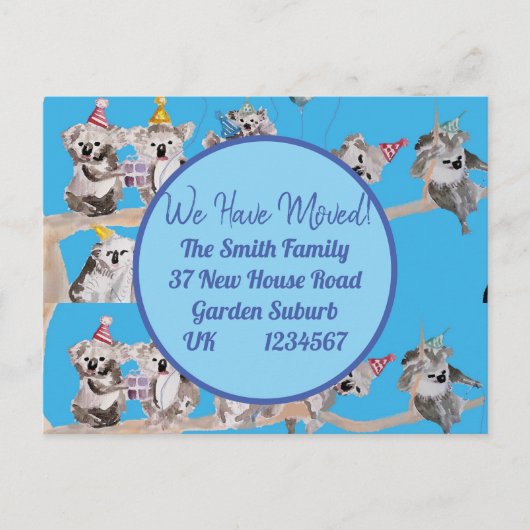 かわいいコアラアート新しい住所はがき私たちは移動 ポストカード (正面)