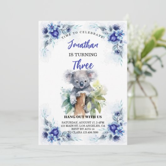 かわいいコアラエディットボーイガール誕生日招待状 案内状 (スタンド正面)