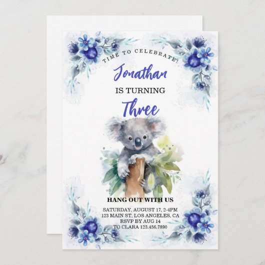 かわいいコアラエディットボーイガール誕生日招待状 案内状 (正面/裏面)