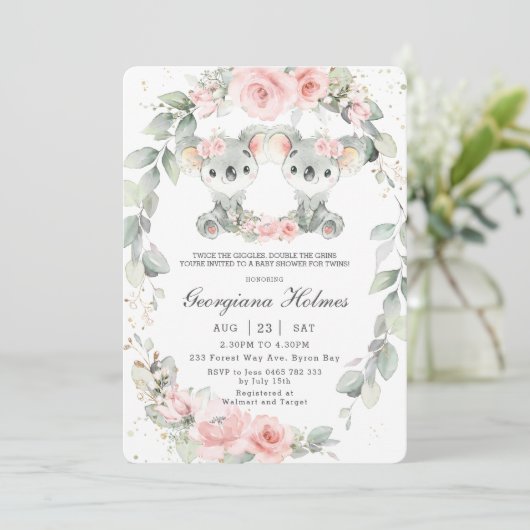 かわいいコアラスピンクフローラツインガールズベビーシャワー 招待状 (スタンド正面)