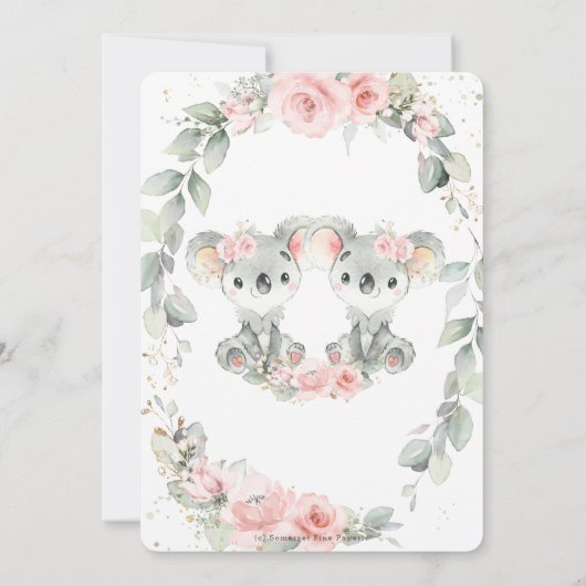 かわいいコアラスピンクフローラツインガールズベビーシャワー 招待状 (裏面)