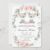 かわいいコアラスピンクフローラツインガールズベビーシャワー 招待状 (正面)