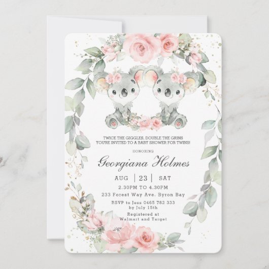 かわいいコアラスピンクフローラツインガールズベビーシャワー 招待状 (正面)