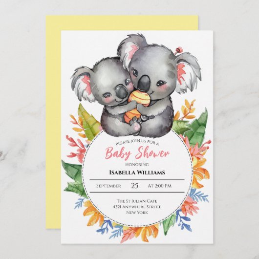 かわいいコアラス野草の赤ちゃんシャワー 招待状 (正面/裏面)