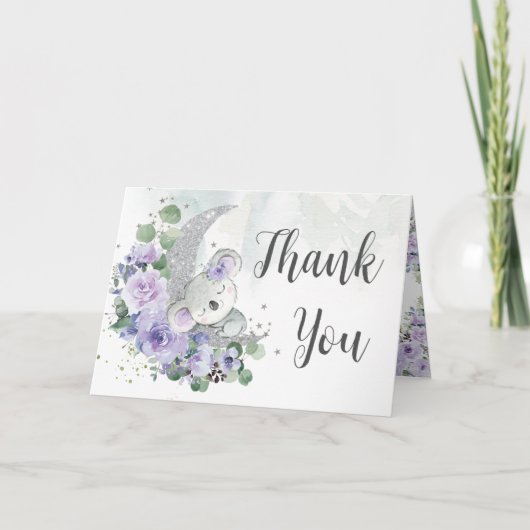 かわいいコアラパープルフローラムーンベビーシャワー誕生日 サンキューカード (正面)
