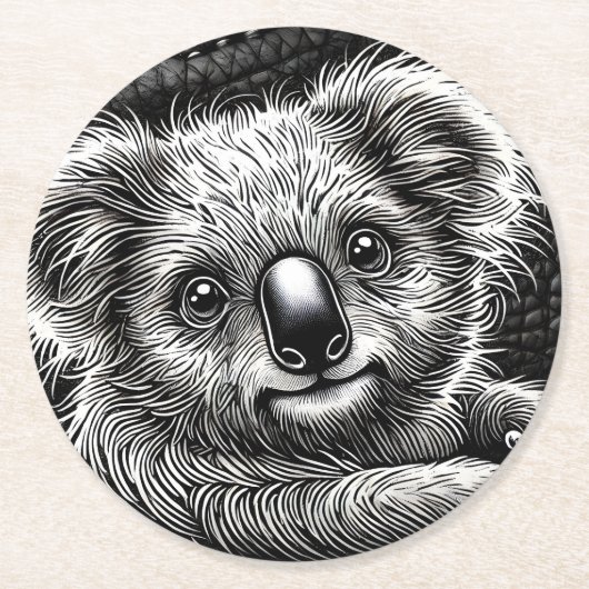 かわいいコアラベアイラストレーションオンレザーバックグラウンド ラウンドペーパーコースター (正面)