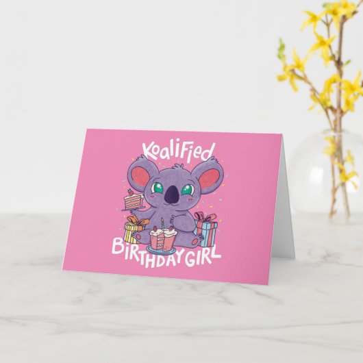 かわいいコアラベアーコアリファイド誕生日ガールピンク カード (黄色い花)