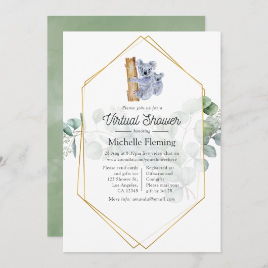 かわいいコアラベアーユーカリプトゥスバーチャルベビーシャワー 招待状 (正面/裏面)