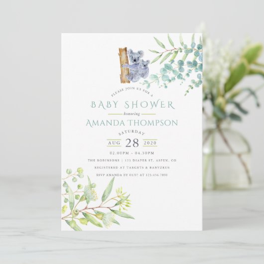 かわいいコアラベアーユーカリ葉スベイビーシャワー 招待状 (スタンド正面)