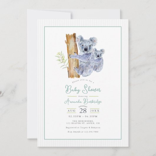 かわいいコアラベアーユーカリ葉スベイビーシャワー 招待状 (正面)
