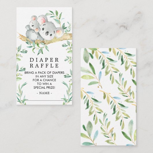 かわいいコアラベビーベビーシャワーおむつラッフルチケット エンクロージャーカード (正面/裏面)