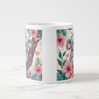 「かわいいコアラ愛マグカップ – ロマンチックな花とコアラ ジャンボコーヒーマグカップ