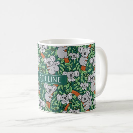 かわいいコアラ柄のハンターグリーン コーヒーマグカップ (正面右)